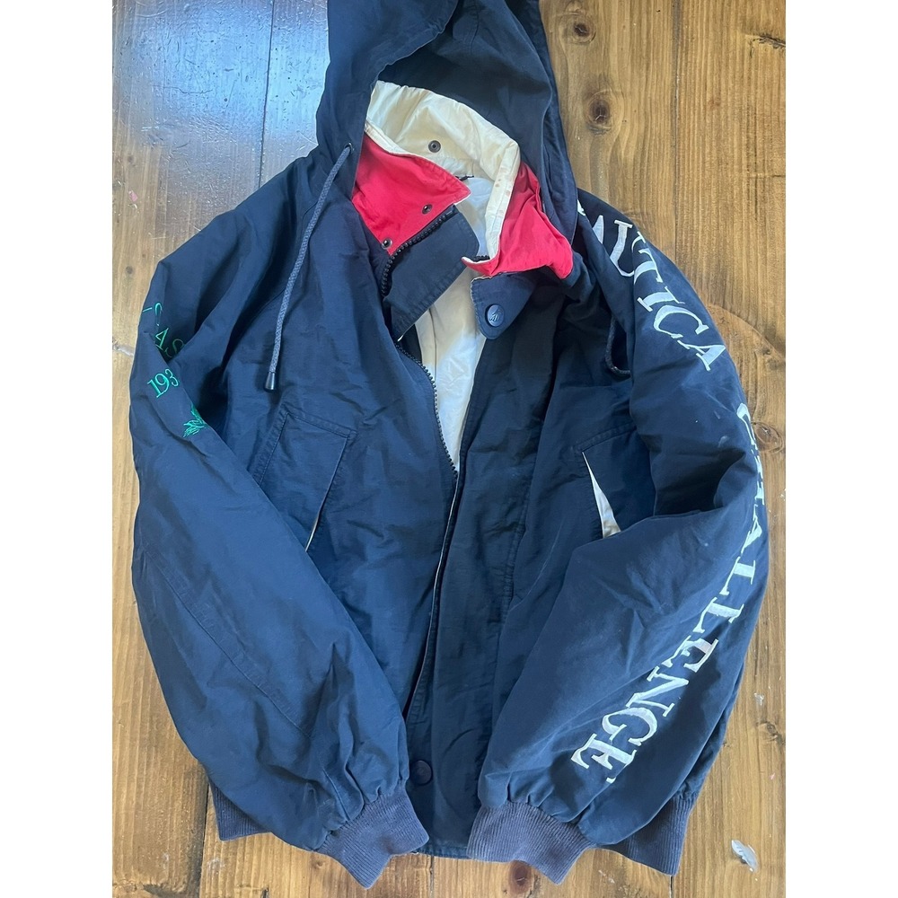 Vintage Nautica Challenge J-Class Jacket Mens Medium Navy Blue Sailing Hooded